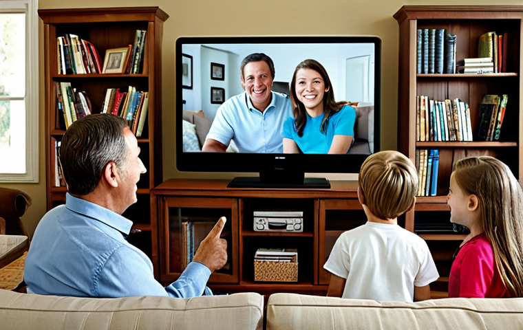 A Family Digital Archive**
"A warm, inviting scene of a family (mother, father, and two children) gathered around a large monitor, smiling and pointing at old photos displayed on the screen. The setting is a comfortable living room with bookshelves in the background. The photos on the screen depict various family memories: holidays, birthdays, and everyday life. Everyone is fully clothed in modest, everyday attire. Safe for work, appropriate content, family-friendly, professional lighting, perfect anatomy, correct proportions, natural pose."
**