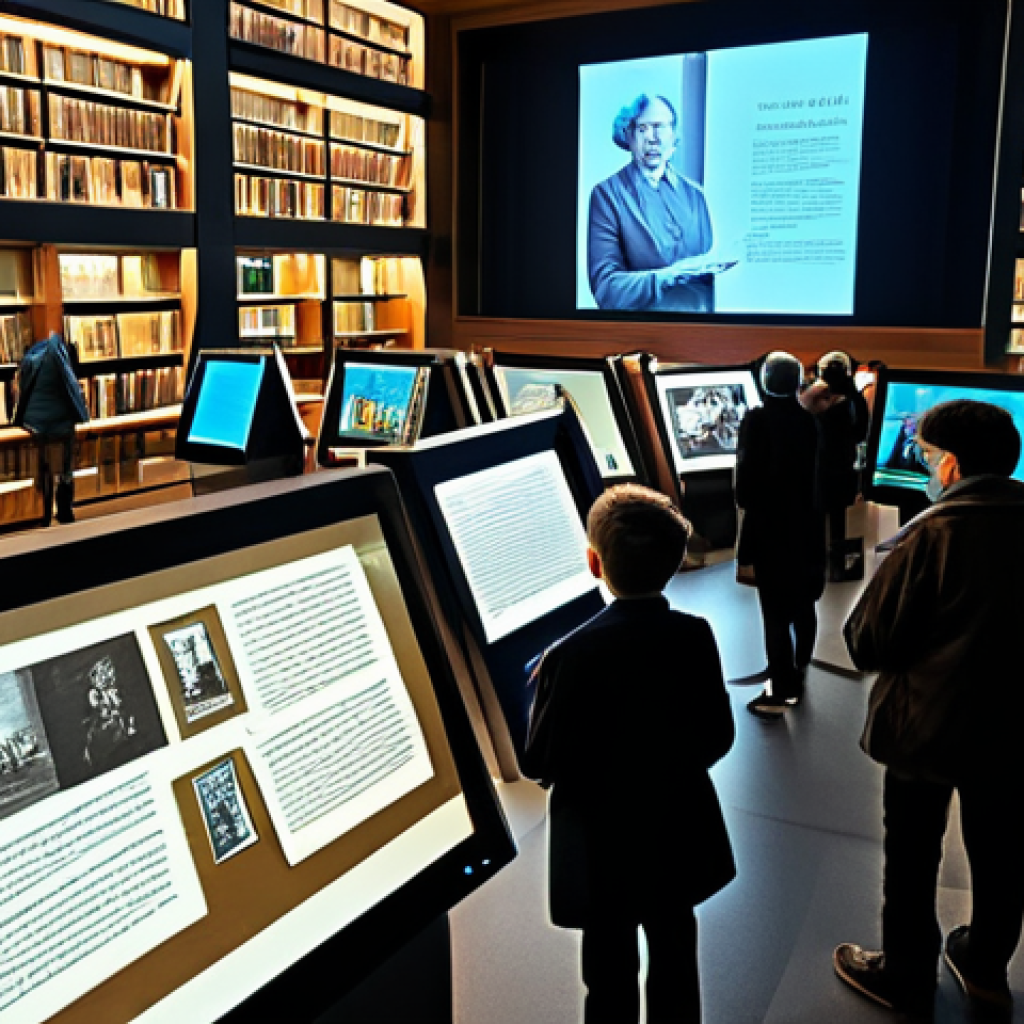 디지털 기억 보존을 위한 포럼 개최 - Digital Archive**
A bustling modern library filled with diverse people, some reading physical books...