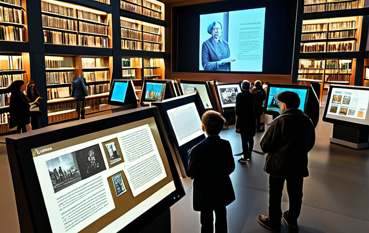 디지털 기억 보존을 위한 포럼 개최 - Digital Archive**
A bustling modern library filled with diverse people, some reading physical books...