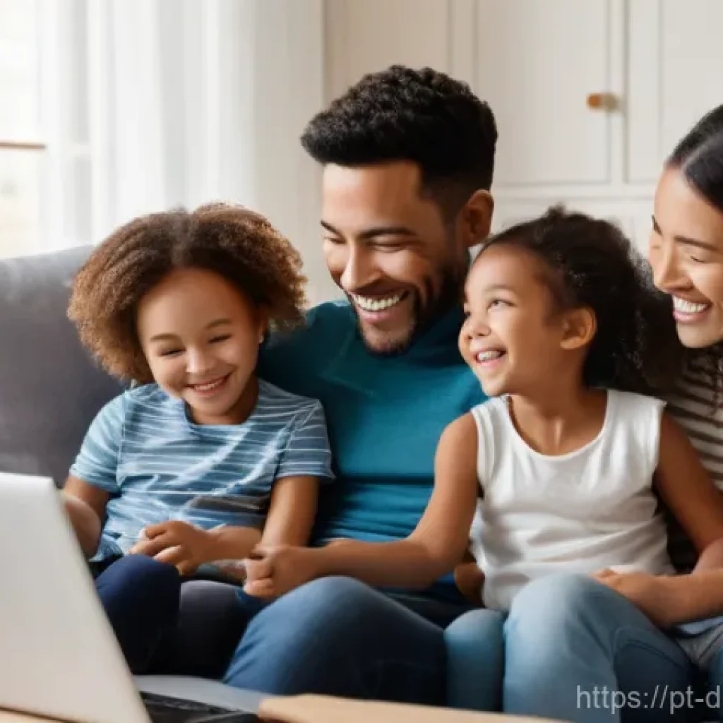 가족의 디지털 기억을 보존하는 방법 - A warm and inviting scene in a modern living room. A diverse family, including a mother, father, and...