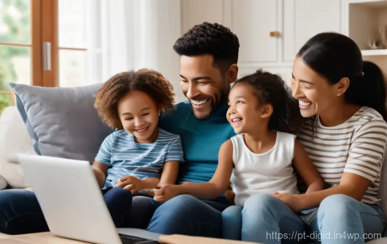 가족의 디지털 기억을 보존하는 방법 - A warm and inviting scene in a modern living room. A diverse family, including a mother, father, and...