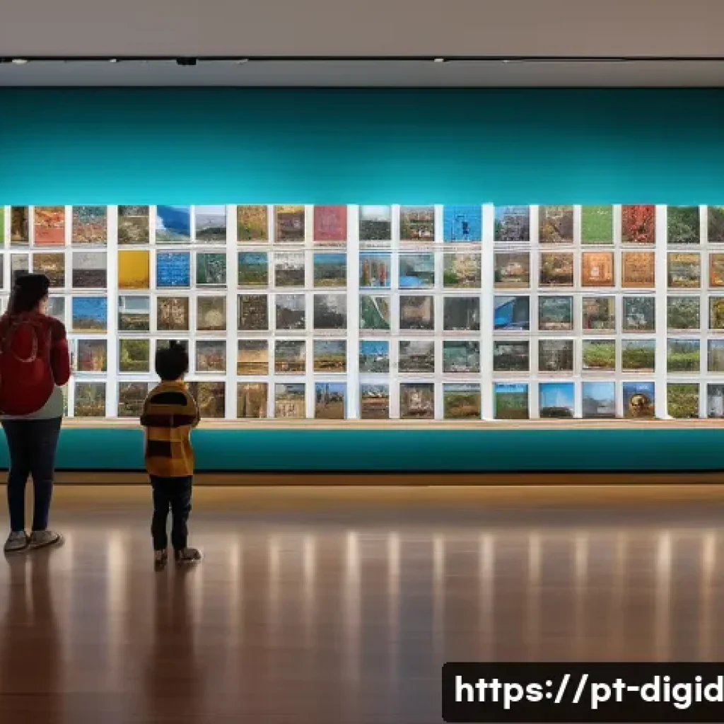 디지털 기억 보존의 사회적 영향력 - A vibrant digital library scene set in a modern Brazilian cultural center, showcasing diverse people...