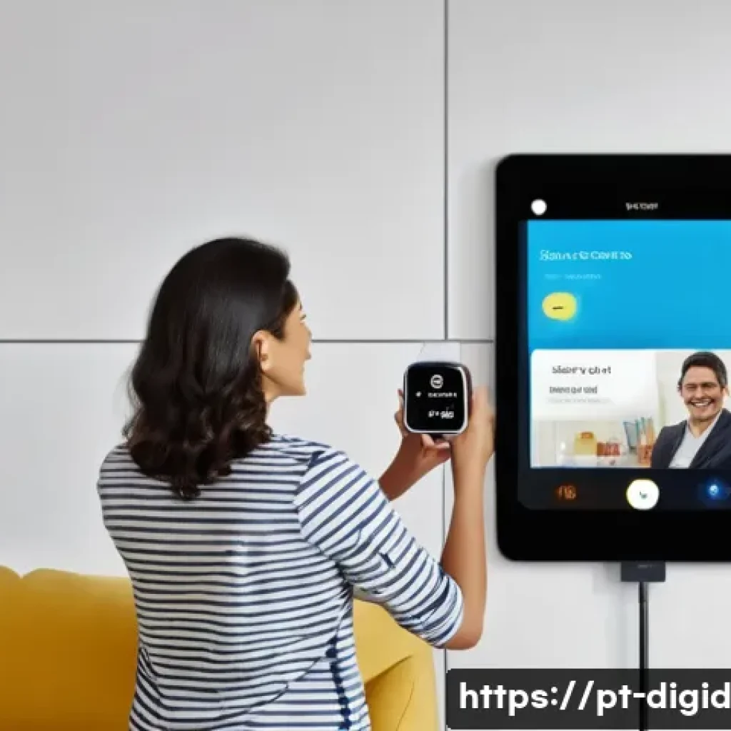 사람들의 기억을 보존하기 위한 기술 혁신 - A modern living room scene featuring a middle-aged Brazilian woman using a sleek smartphone and a sm...