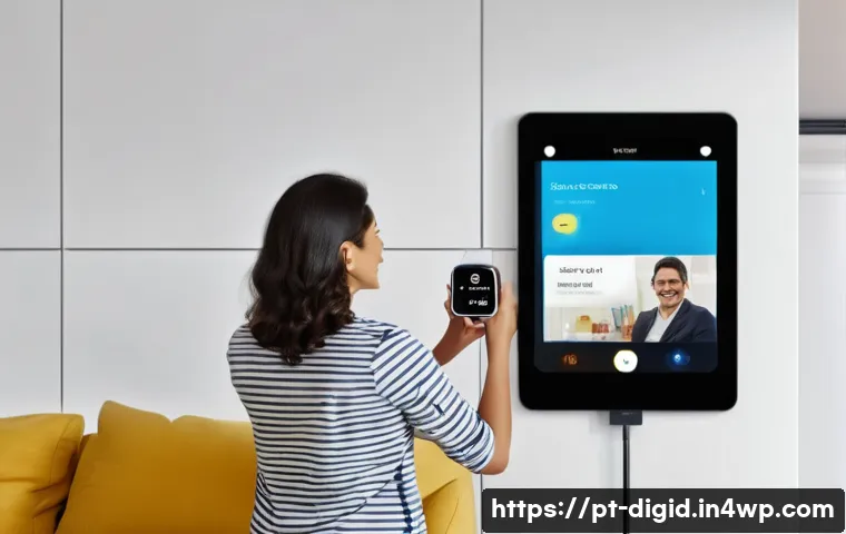 사람들의 기억을 보존하기 위한 기술 혁신 - A modern living room scene featuring a middle-aged Brazilian woman using a sleek smartphone and a sm...