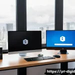 Home 22 디지털 기억 보존의 성공 사례 - A modern home office setup showcasing a professional backing up data securely: a sleek desktop compu...