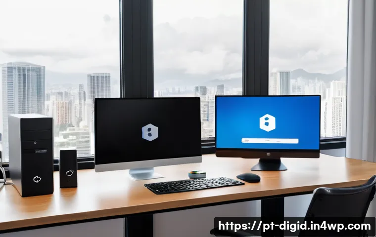 디지털 기억 보존의 성공 사례 - A modern home office setup showcasing a professional backing up data securely: a sleek desktop compu...