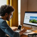 Home 21 디지털 유산 관리의 필요성 - A warm, modern home office scene featuring a middle-aged Brazilian person sitting at a wooden desk, ...