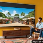 Home 20 디지털 기억 보존의 트렌드와 변화 - A modern family living room scene showing a diverse Brazilian family gathered around a large digital...