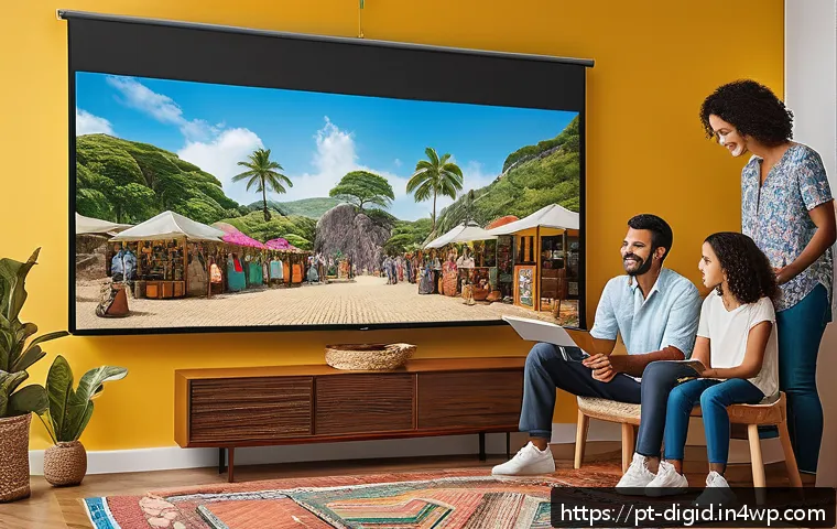 디지털 기억 보존의 트렌드와 변화 - A modern family living room scene showing a diverse Brazilian family gathered around a large digital...
