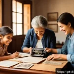Home 18 디지털 기억 보존의 디지털 변환 기술 - A warm, cozy home environment featuring a middle-aged Brazilian family gathered around a wooden tabl...