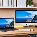 Home 23 디지털 기억 보존의 개인적 경험 - A modern home office setup featuring a Portuguese user organizing digital backups: a sleek desk with...