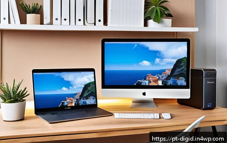 디지털 기억 보존의 개인적 경험 - A modern home office setup featuring a Portuguese user organizing digital backups: a sleek desk with...