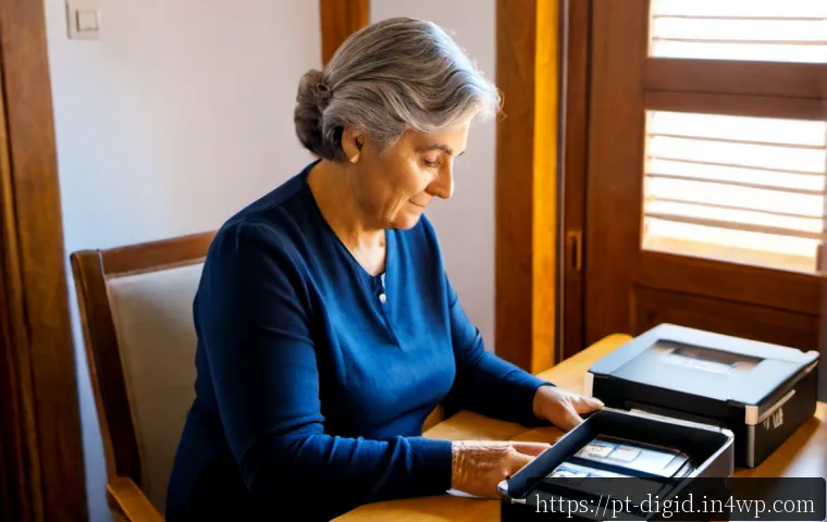 Home 17 디지털 기억 보존의 다양한 접근법 - Photorealistic home office in Portugal, an older woman carefully organizing family photographs, exte...