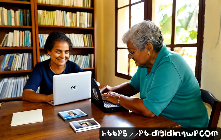 디지털 기억 보존을 위한 교육적 접근 - Photorealistic educational workshop in a bright Brazilian community library, an older adult and a yo...